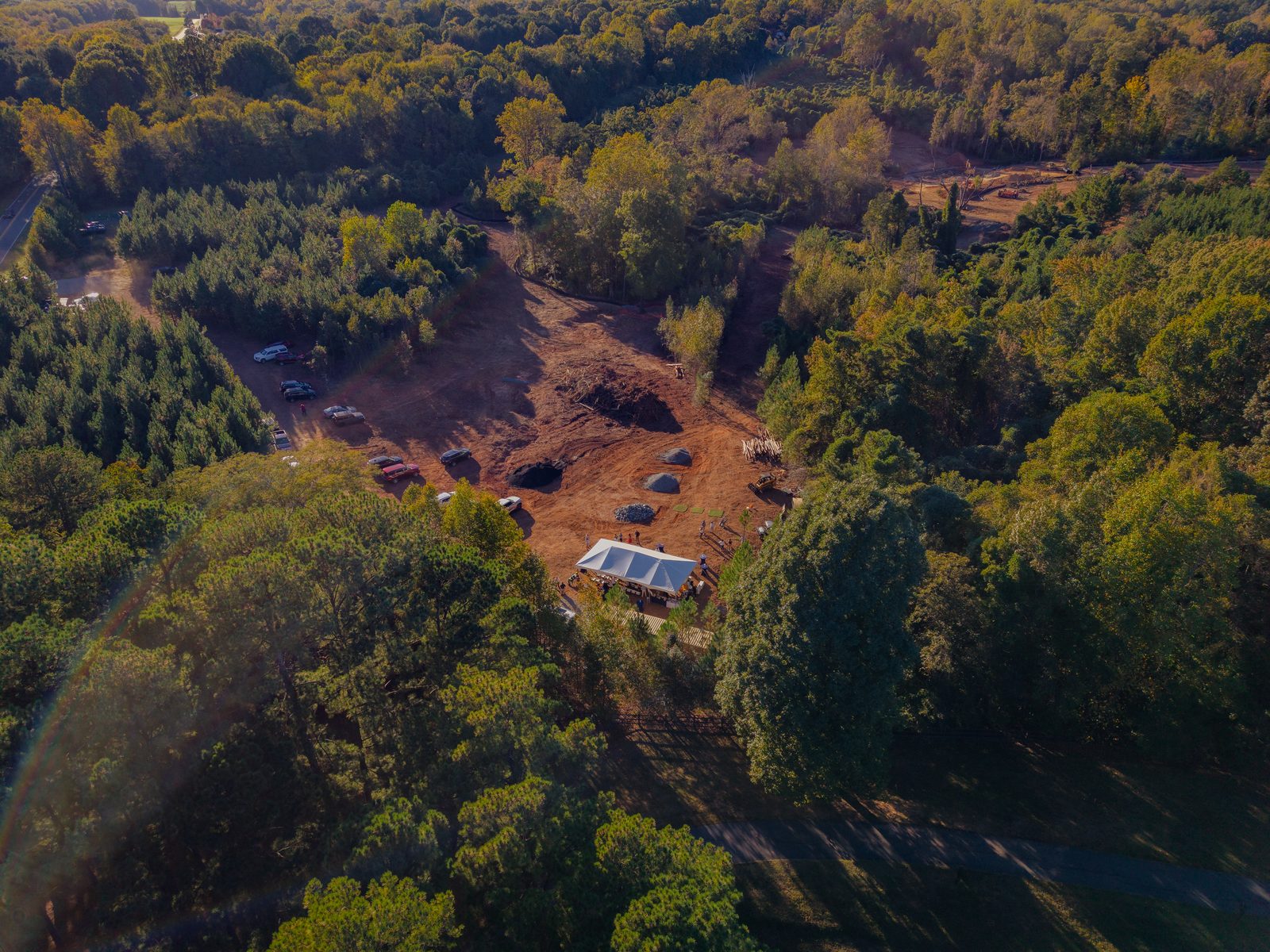 Aerial view of the tent and cleared ground
