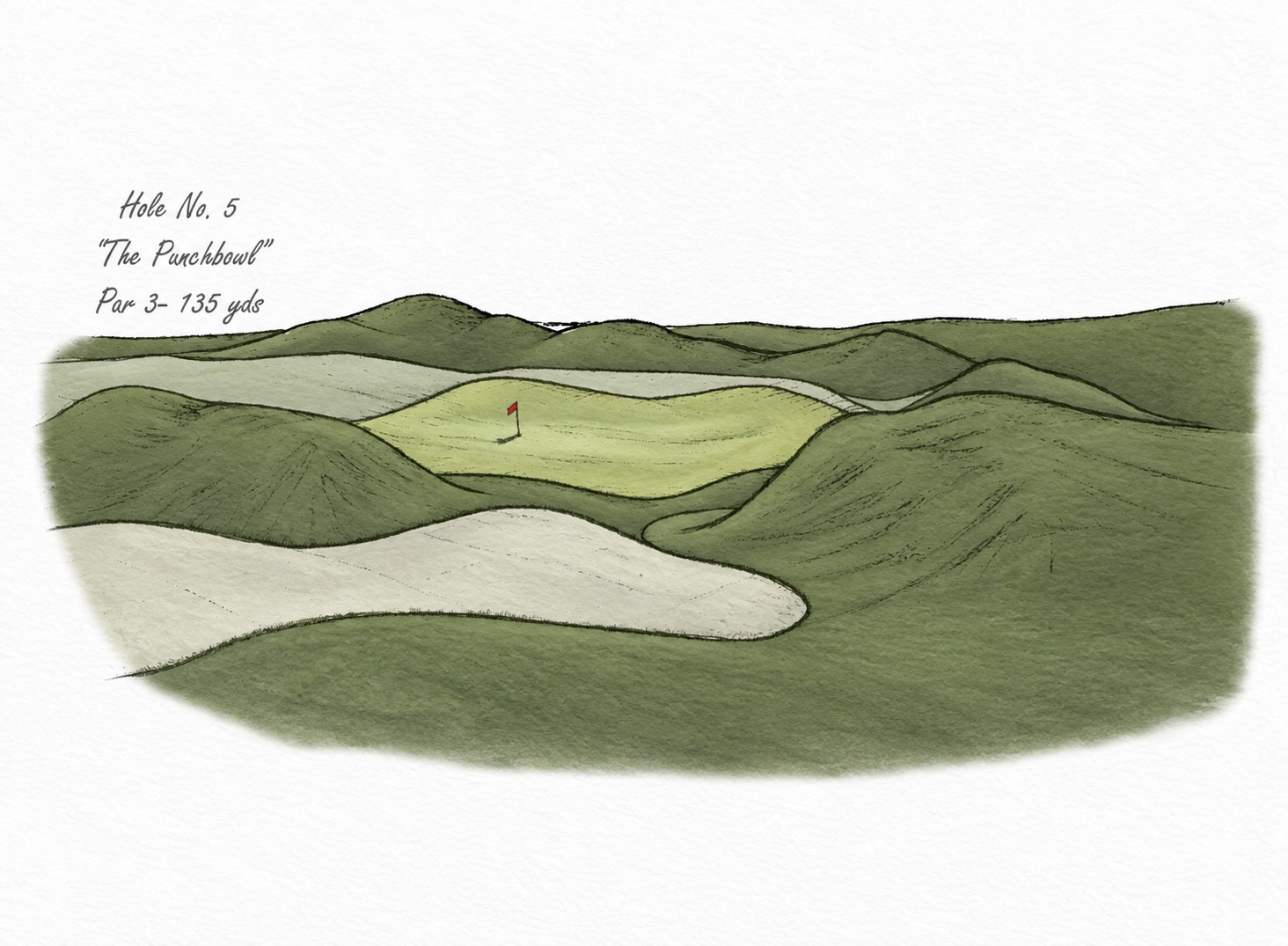 Rendering of Hole 5, a short par 3 to a green set in a bowl between mounded ridges