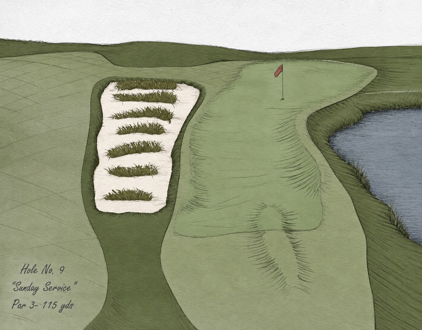 Rendering of Hole 9, a par 3 with a terraced bunker left and water right