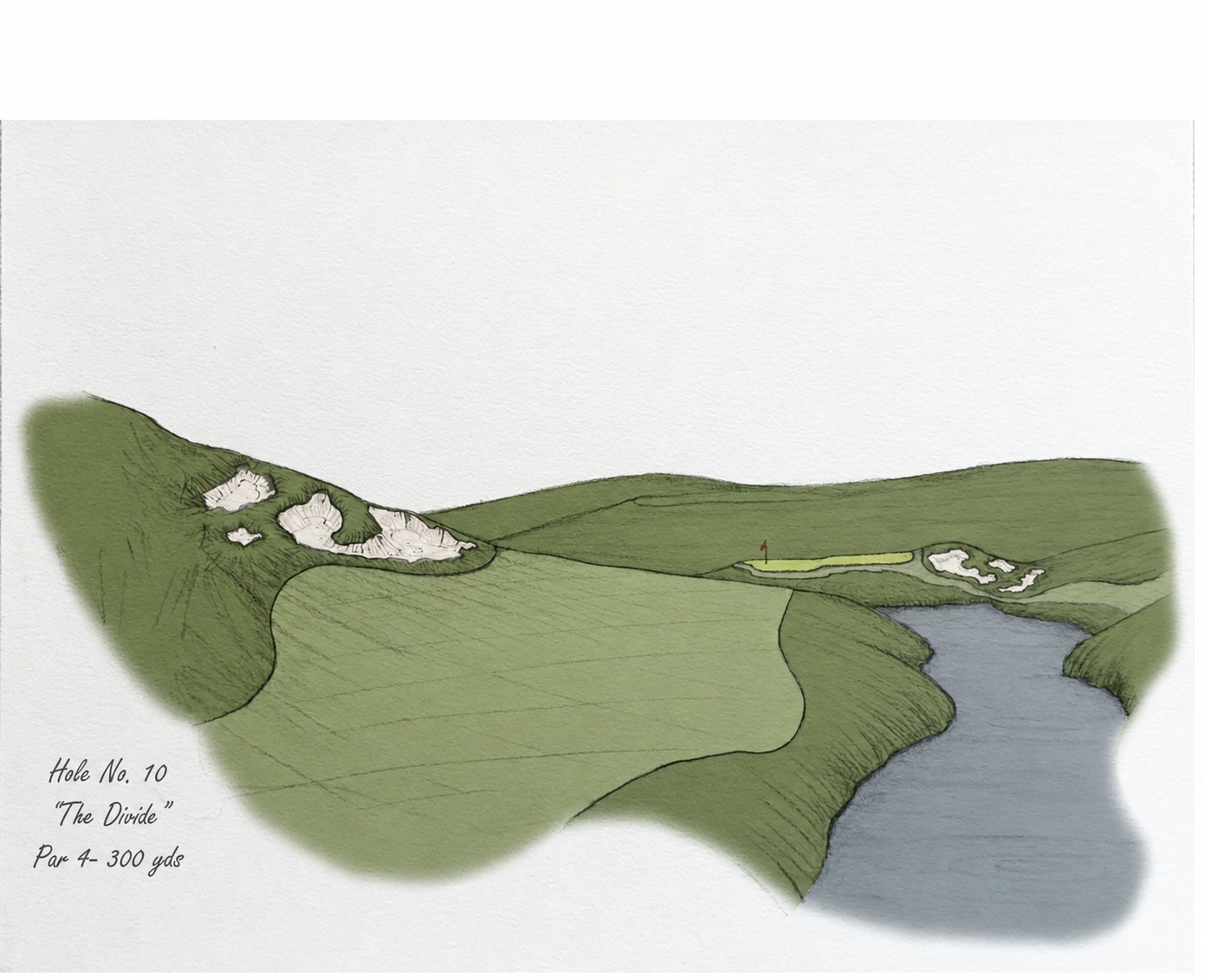 Rendering of Hole 10, a short par 4 with bunkers splitting the fairway and water short of the green