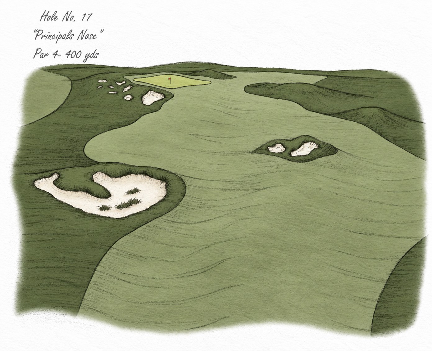 Rendering of Hole 17, a par 4 with a cluster of bunkers set into the fairway