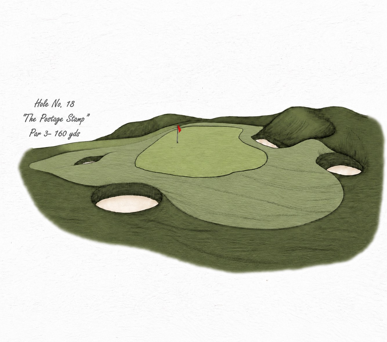 Rendering of Hole 18, a par 3 to a small green ringed by deep bunkers
