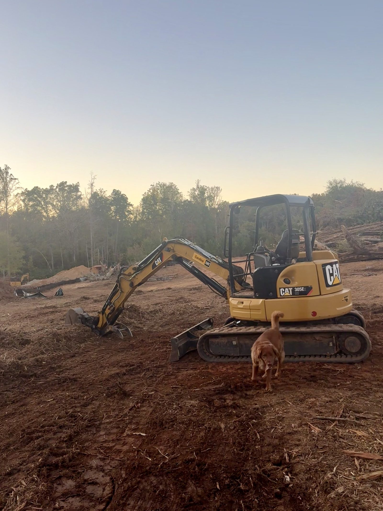 Scooter walking past a CAT excavator at dusk